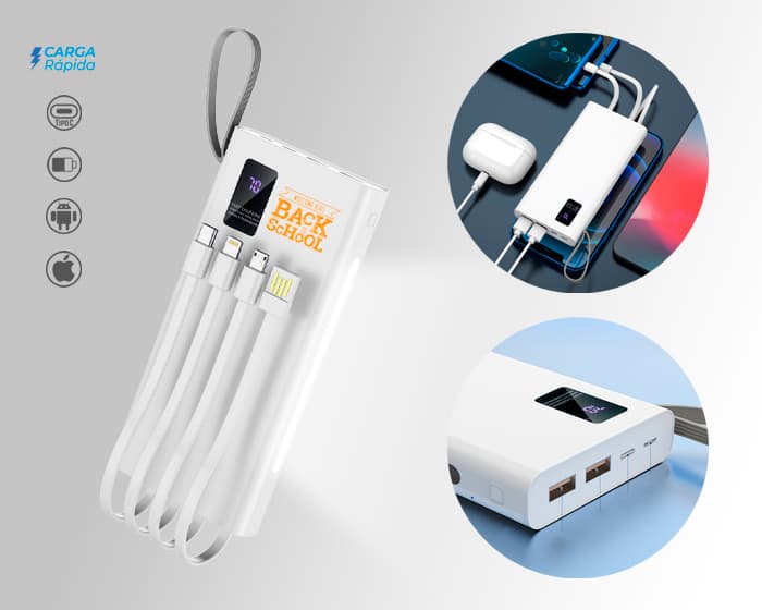 BATERÍA PORTÁTIL 4 EN 1 DE CARGA RÁPIDA CON LUZ CAP. 10000 mAh ELIOT A3002 BLANCO