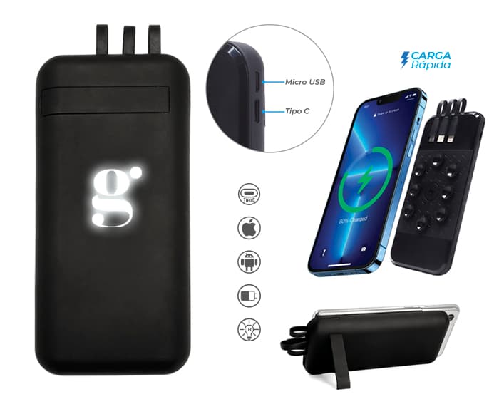 BATERÍA PORTÁTIL CON VENTOSAS 3 EN 1 DE CARGA RÁPIDA CON LUZ CAP. 10000 mAh BINGO A3003 NEGRO