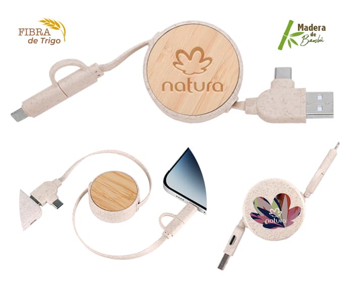CABLE CONECTOR DE CARGA USB RETRÁCTIL 4 EN 1 CORAL A3113 BEIGE